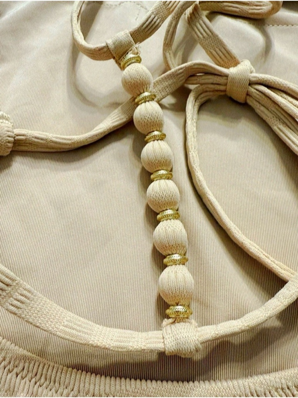 Aerie Beige Textured One Piece Swimsuit Open Back Beaded Strap M - Picture 3 of 10